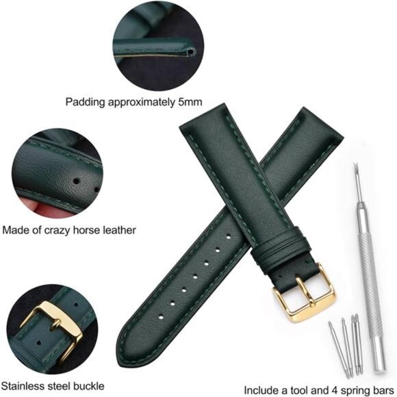 Vintage Leather Watch Bands with Stainless Steel Golden Buckle, Dark Green main image 5